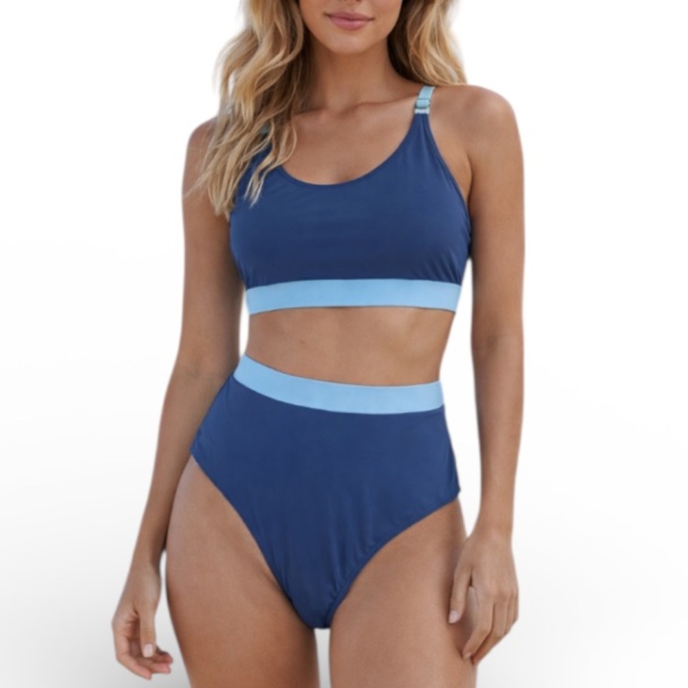 Adisputent two-tone blue sporty high rise two piece swimsuit size XL